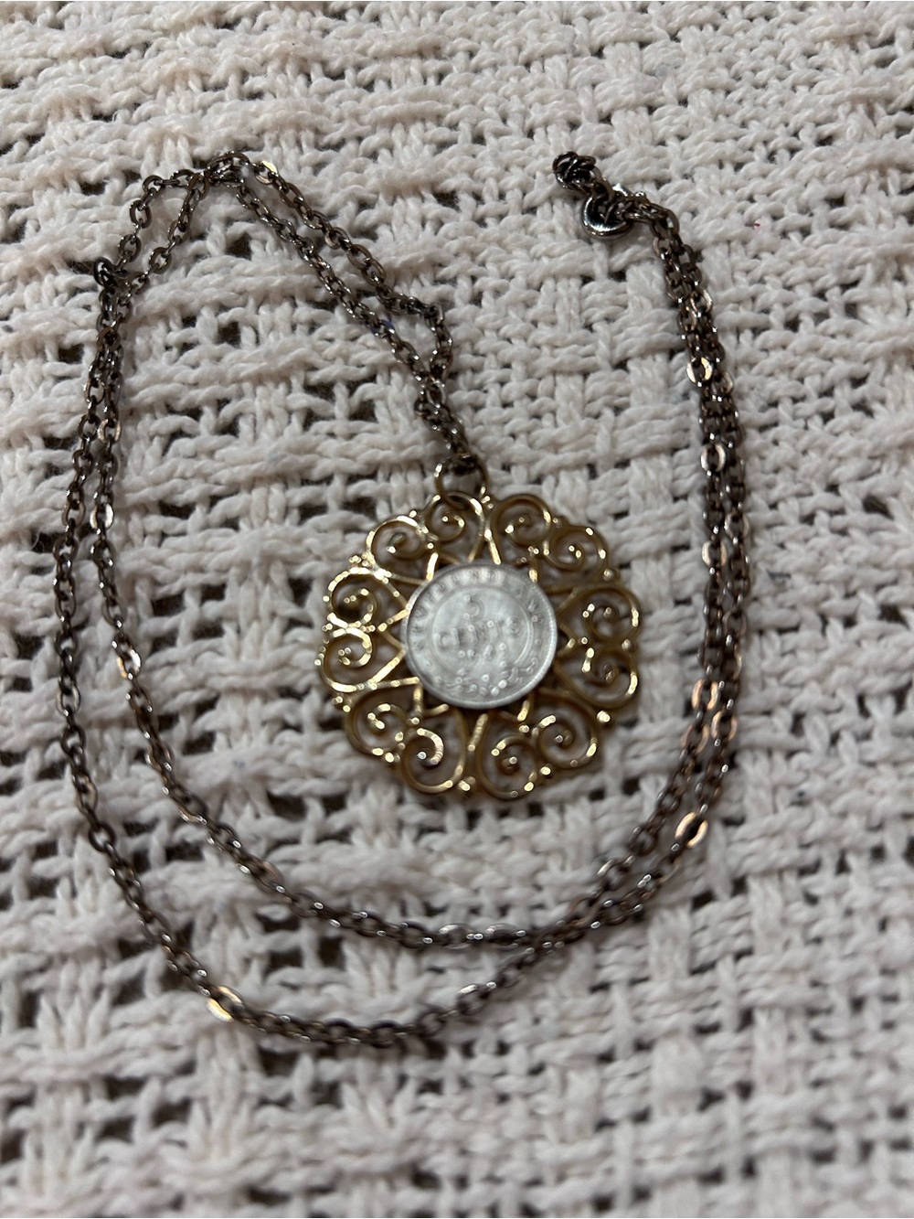 Gold-Tone Filigree Newfoundland Five Cent Coin Pendant Necklace